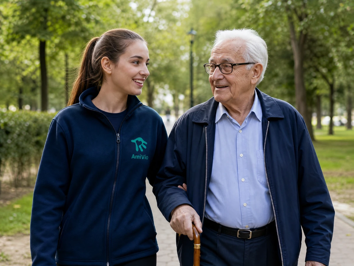 AmiVio-Mitarbeiterin begleitet einen Senioren beim Spaziergang im Park in der StädteRegion Aachen