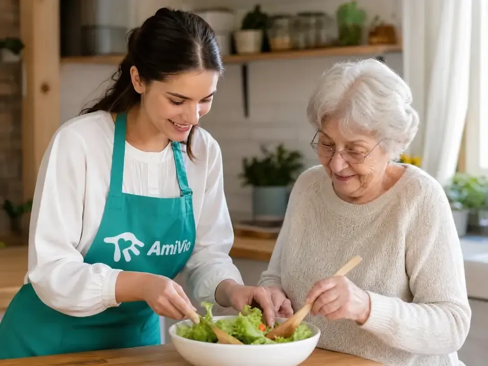 AmiVio-Mitarbeiterin hilft einer Seniorin beim Kochen in der Küche in der StädteRegion Aachen