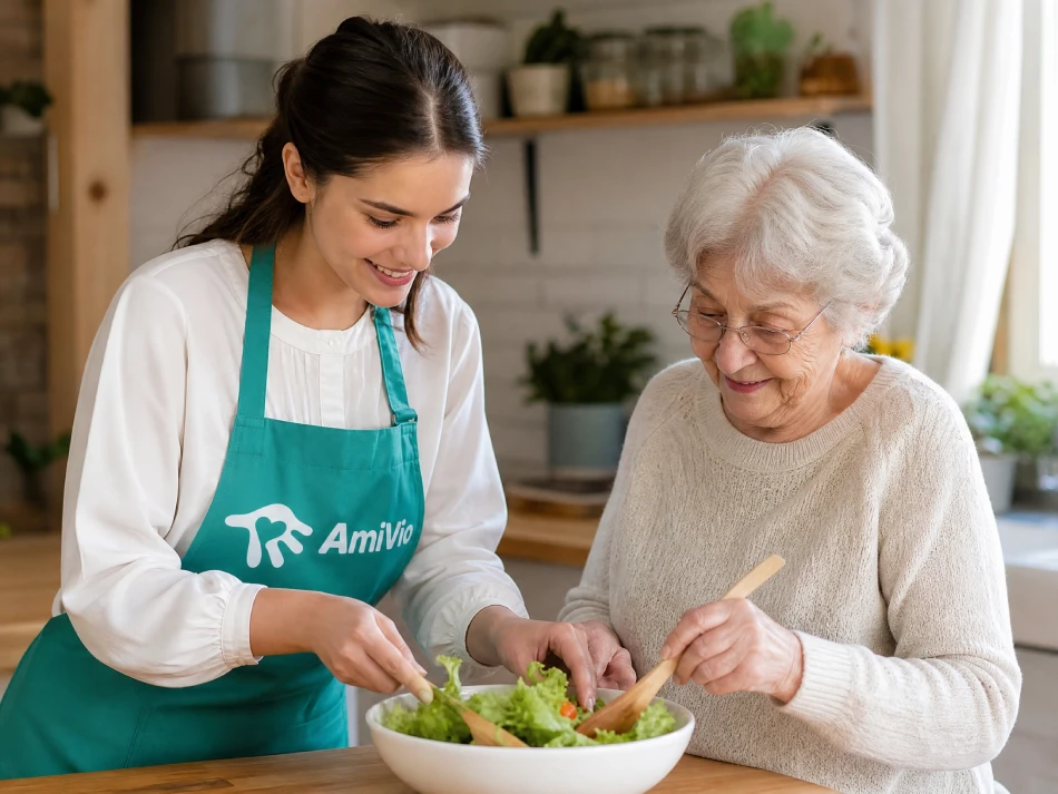 AmiVio-Mitarbeiterin hilft einer Seniorin beim Kochen in der Küche in der StädteRegion Aachen
