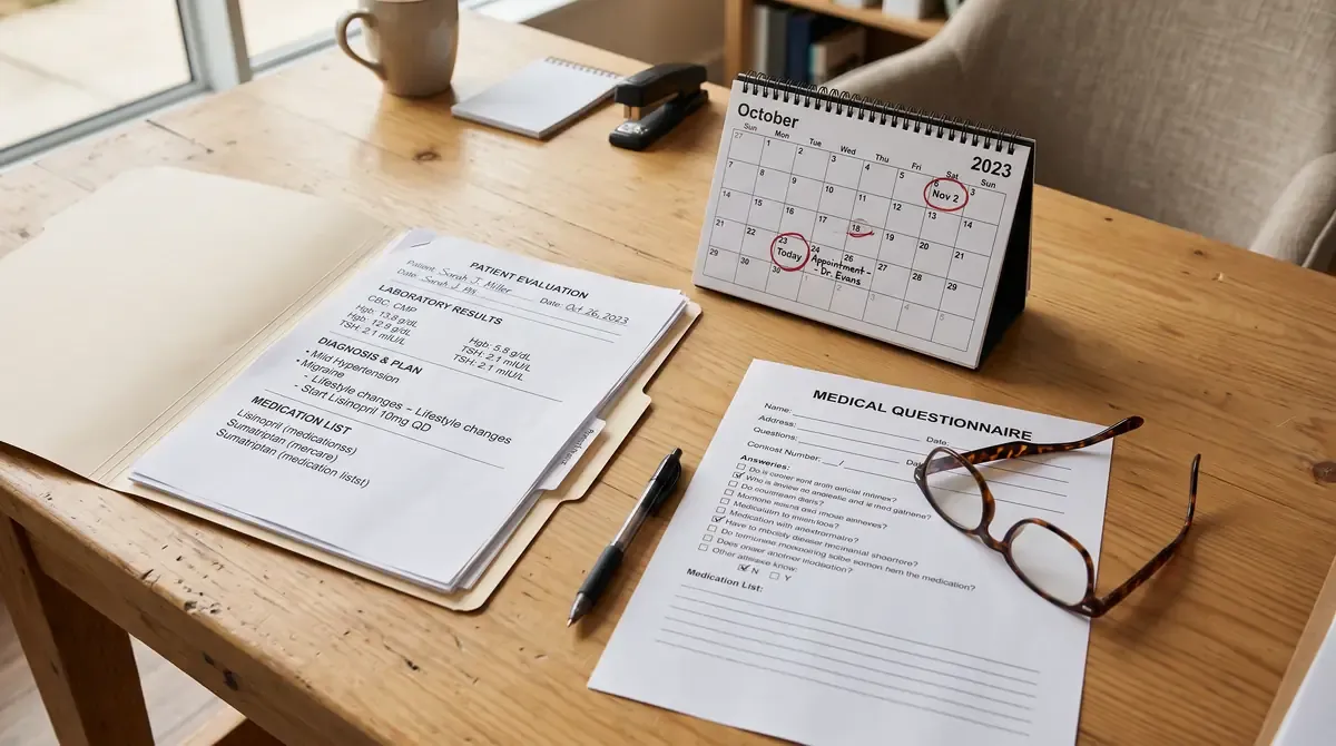 Entlassungsbericht, Kalender mit Arztterminen und Medikationsliste zur Vorbereitung der Krankenhausentlassung.