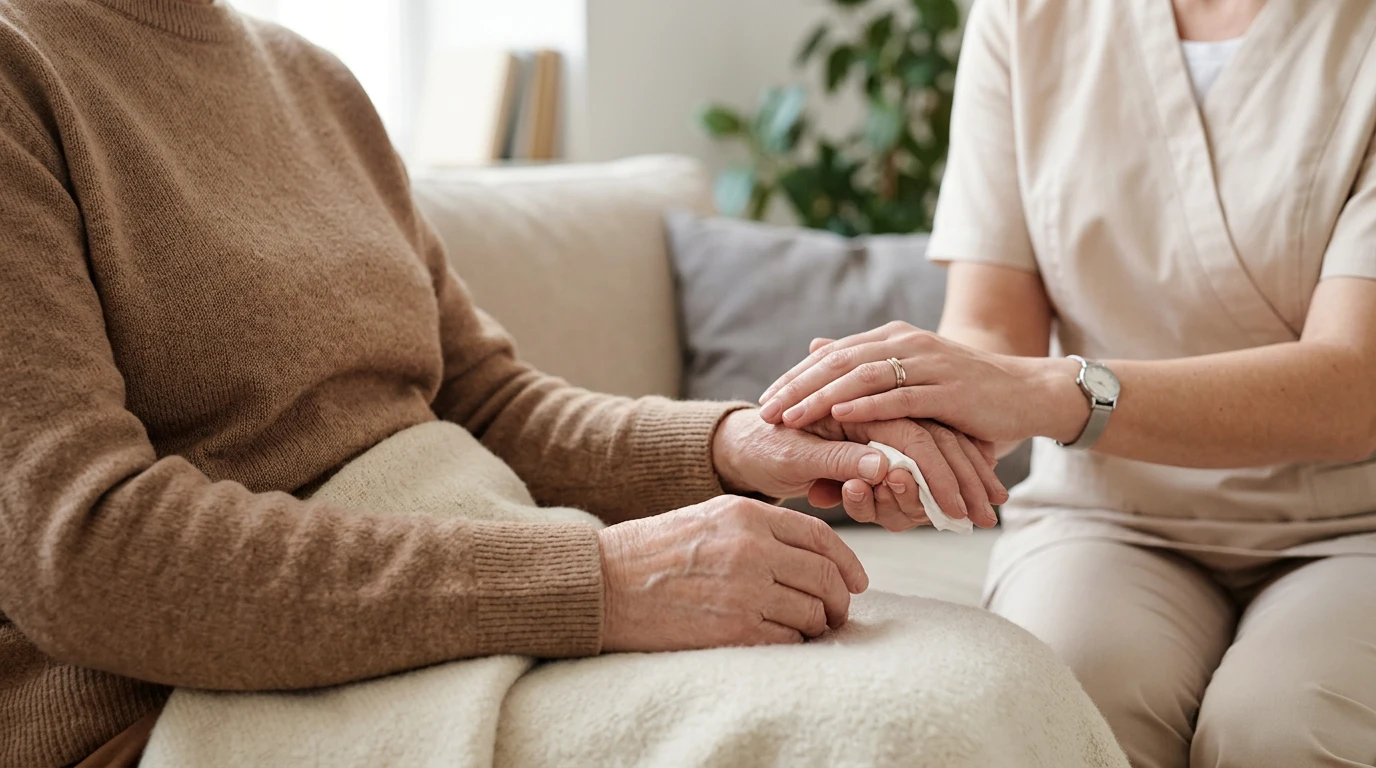 Einfühlsame AmiVio-Betreuerin hält die Hand einer Seniorin, verlässliche Entlastung für pflegende Angehörige in der StädteRegion Aachen
