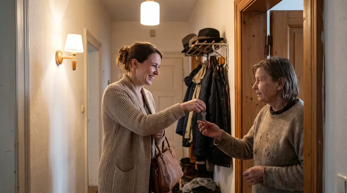 Eine Betreuerin kommt zur Tür herein und übergibt der Seniorin den Hausschlüssel, Beginn eines Vertretungseinsatzes.