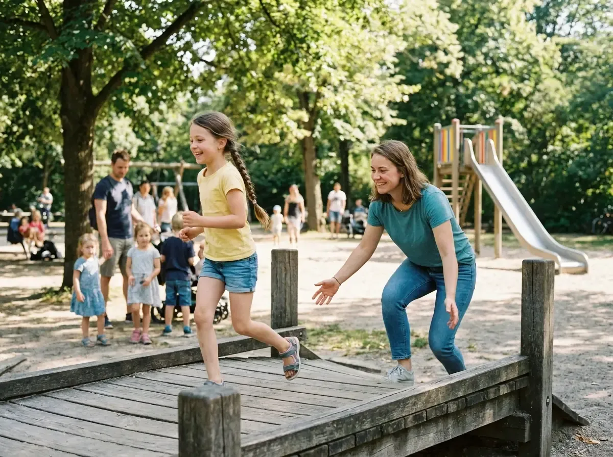 Ein Mädchen lacht beim Spielen auf dem Spielplatz, eine Bezugsperson begleitet es und geht lachend nebenher.