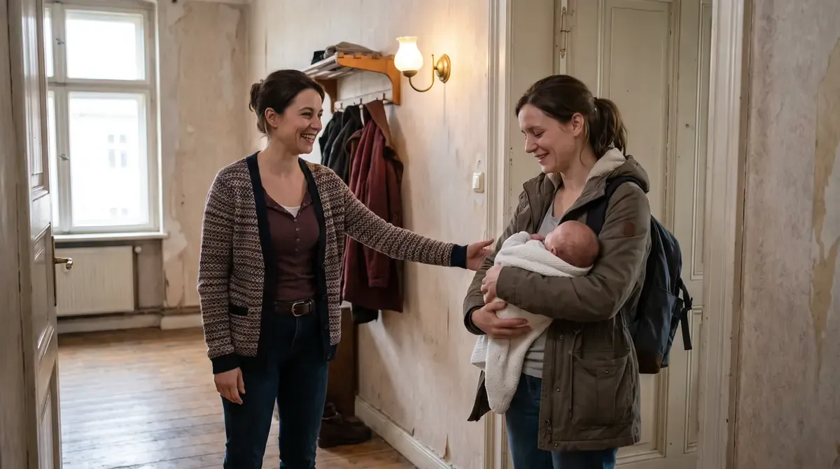Junge Mutter kommt mit dem Neugeborenen nach Hause, eine AmiVio-Mitarbeiterin empfängt sie lächelnd an der Wohnungstür.