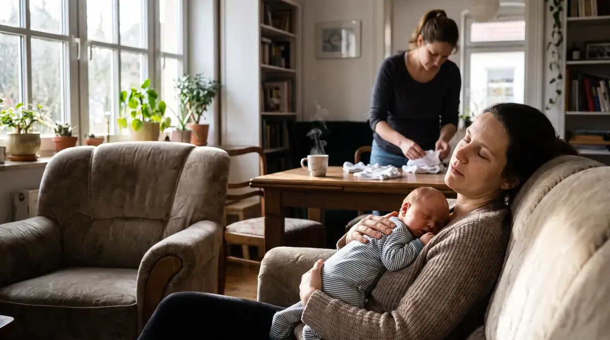 Junge Mutter hält ihr schlafendes Neugeborenes auf dem Sofa, im Hintergrund faltet eine AmiVio-Mitarbeiterin frische Babywäsche.