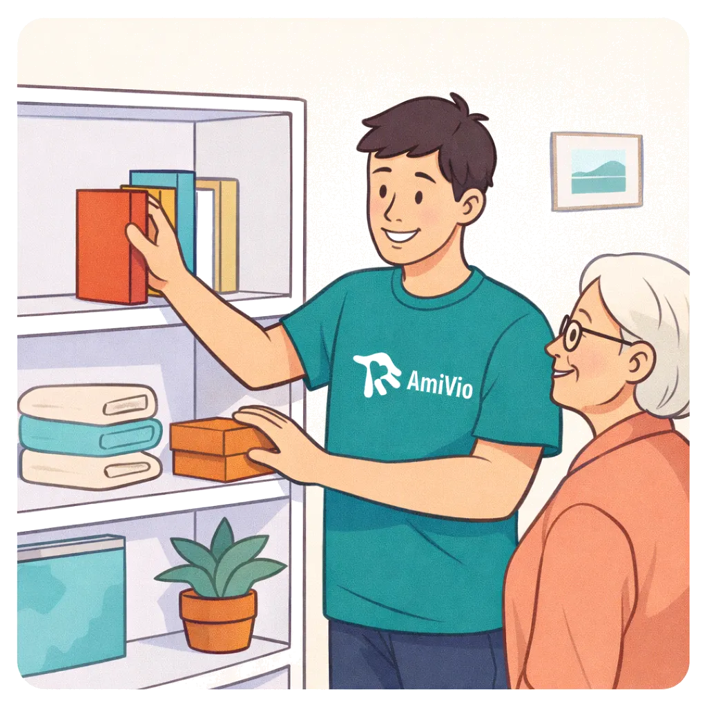 Animation für einen Hilfer und eine Seniorin bei Organisation