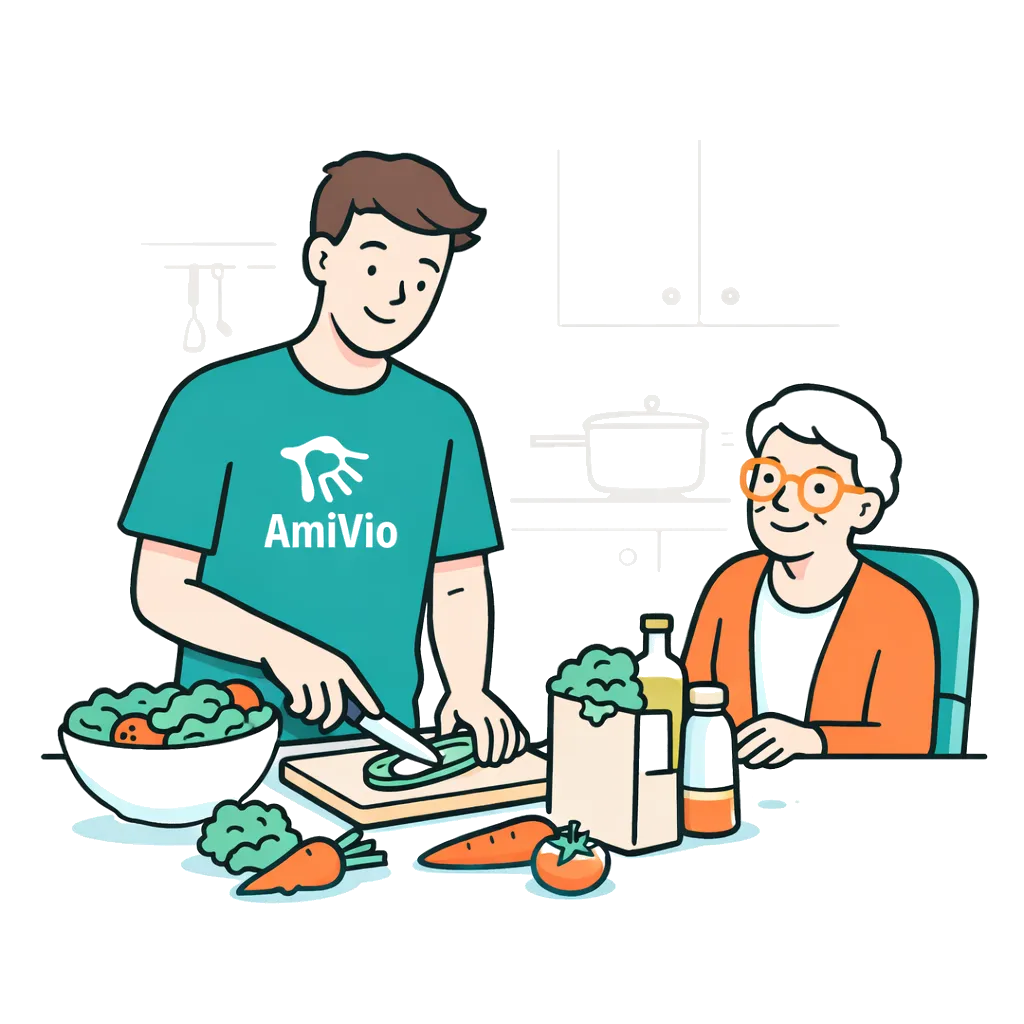 Animation für einen Hilfer und eine Seniorin beim Kochen