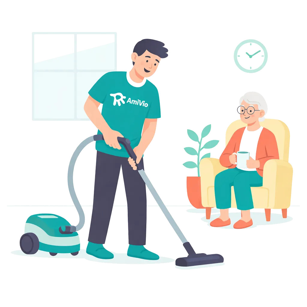 Animation für einen Hilfer und eine Seniorin beim Staubsaugen
