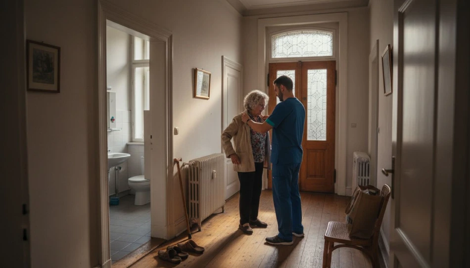 Ein Hilfer hilft eine ältere Dame beim Anziehen ihrer Jacke.