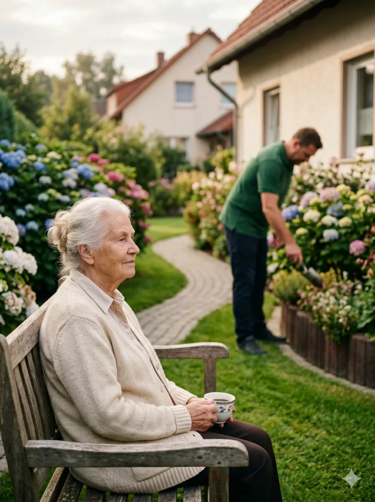 Seniorin sitzt entspannt mit Kaffee auf Gartenbank – im Hintergrund Mitarbeiter bei leichter Pflege